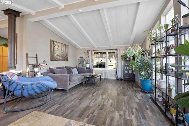 living room featuring lofted ceiling with beams and dark wood-type flooring