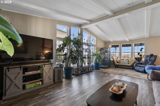 living room featuring vaulted ceiling with beams and wood-type flooring