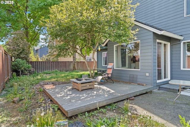 42015 NW Buckshire St, Banks, OR 97106 - wooden deck featuring a fenced backyard and a fire pit