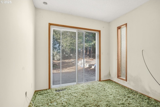 doorway to outside featuring carpet and a textured ceiling