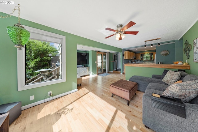 9333 SW 4th Ave, Portland, OR 97219 - living room with light wood-style flooring, ceiling fan, baseboards, and rail lighting