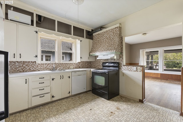 3003 SE 58th Ave, Portland, OR 97206 - kitchen featuring dishwasher, black range with electric cooktop, light countertops, tasteful backsplash, and white cabinets