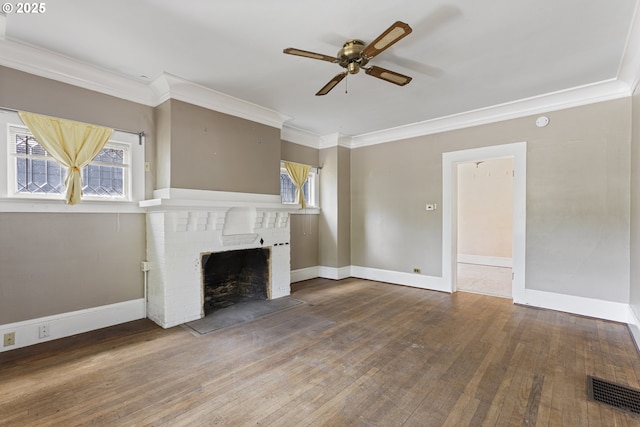 3003 SE 58th Ave, Portland, OR 97206 - unfurnished living room featuring a ceiling fan, crown molding, a brick fireplace, and wood finished floors