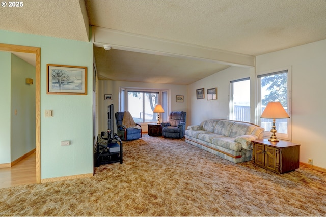 living room featuring light colored carpet, a textured ceiling, and baseboards