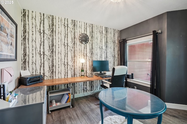 12875 Peggys Pl, Hubbard, OR 97032 - office featuring baseboards, wood finished floors, and wallpapered walls