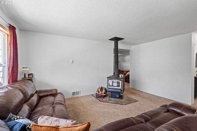 814 SW 44th St, Pendleton, OR 97801 - living area featuring carpet floors, a wood stove, and a textured ceiling