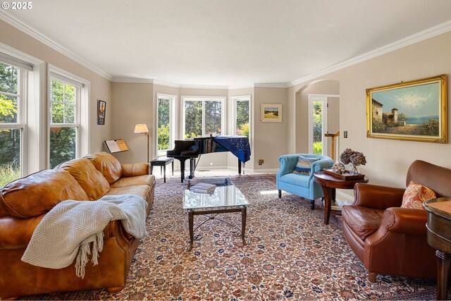 living room with crown molding, arched walkways, and carpet floors