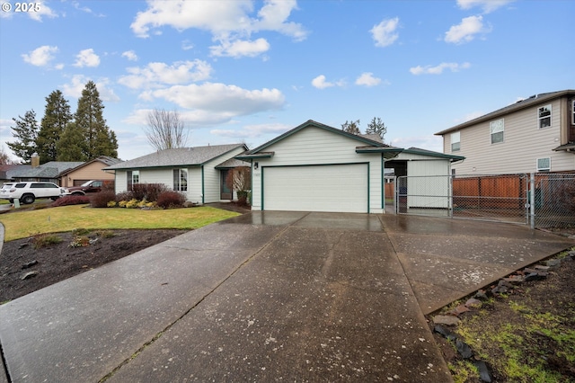 single story home with a garage and a front lawn