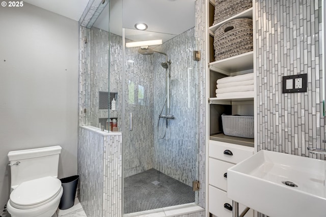 full bathroom featuring toilet, a shower stall, and a sink