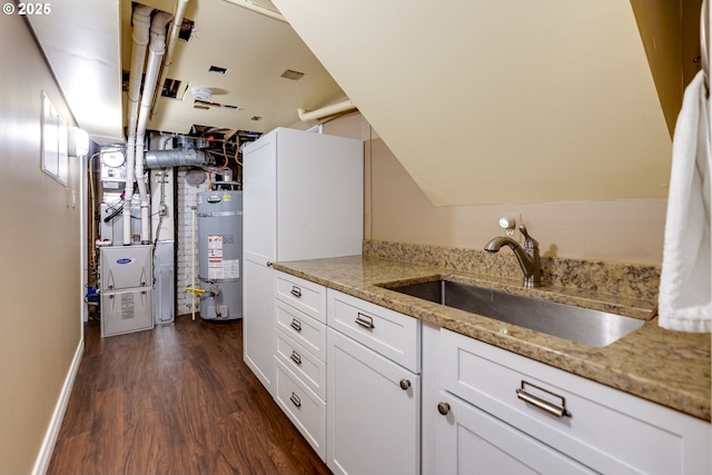 kitchen featuring a sink, secured water heater, white cabinets, and dark wood finished floors