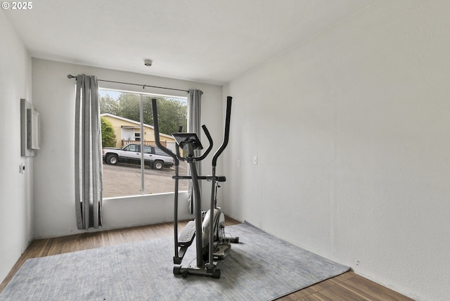 workout room featuring wood finished floors