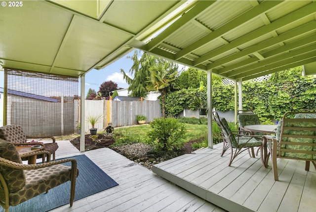 deck featuring a fenced backyard and outdoor dining area