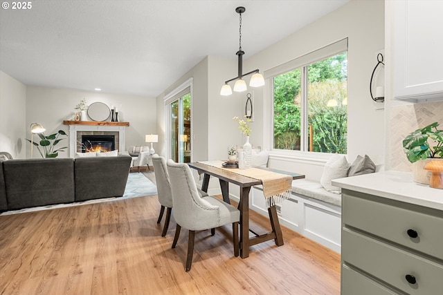 dining space featuring a fireplace, light hardwood / wood-style flooring, and a wealth of natural light