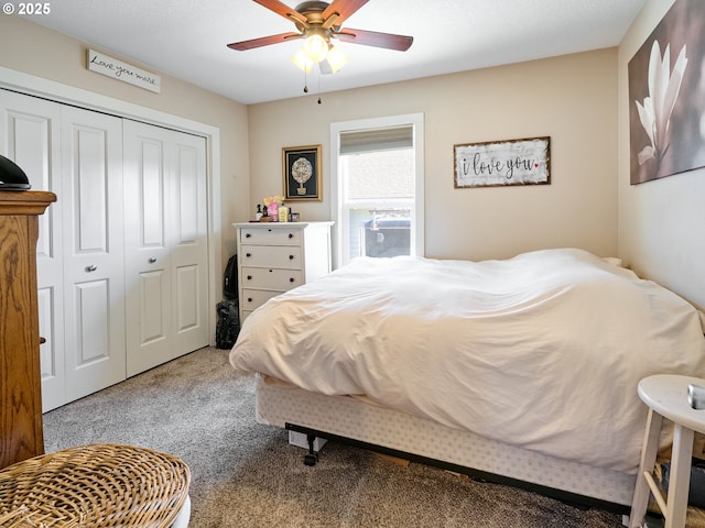 bedroom featuring carpet flooring, a closet, and ceiling fan