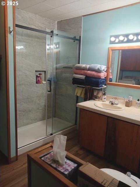 58474 Old Lake Rd, Christmas Valley, OR 97641 - bathroom featuring vanity, a stall shower, and wood finished floors