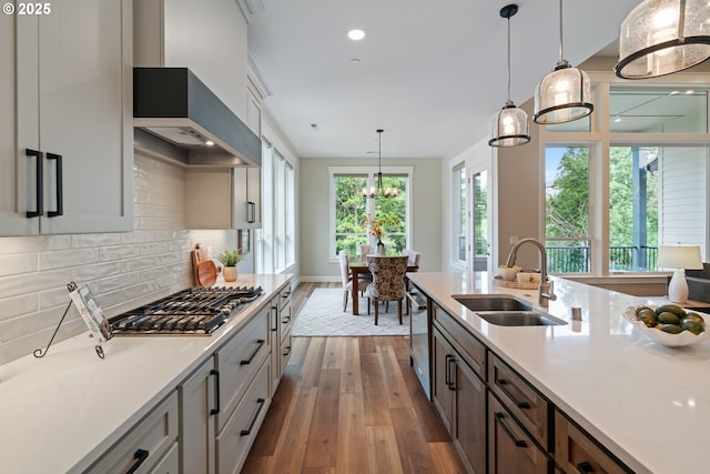 1825 NW Tanner Ct, Camas, WA 98607 - kitchen featuring a sink, stainless steel appliances, wood-type flooring, decorative backsplash, and light countertops