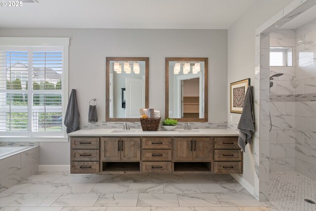 1825 NW Tanner Ct, Camas, WA 98607 - bathroom with marble finish flooring, double vanity, a garden tub, and a marble finish shower