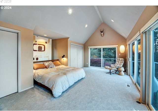 12508 NW Mountain View Rd, Portland, OR 97231 - carpeted bedroom with access to outside, recessed lighting, lofted ceiling, and visible vents