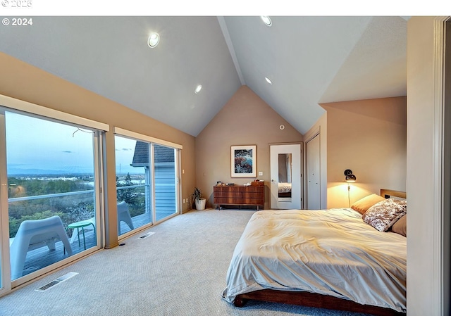 12508 NW Mountain View Rd, Portland, OR 97231 - bedroom featuring access to outside, lofted ceiling, carpet, and visible vents