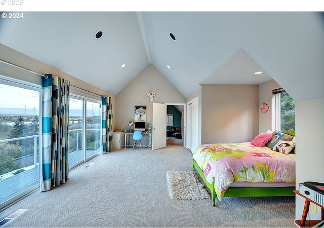 12508 NW Mountain View Rd, Portland, OR 97231 - carpeted bedroom with visible vents, recessed lighting, lofted ceiling, and access to exterior