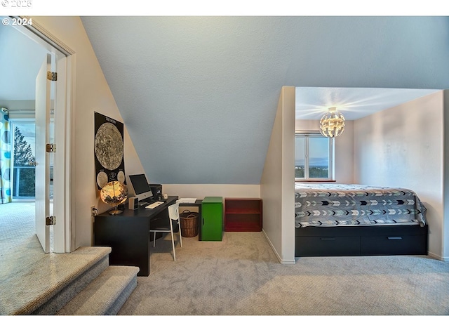 12508 NW Mountain View Rd, Portland, OR 97231 - bedroom with vaulted ceiling, baseboards, carpet flooring, and a notable chandelier