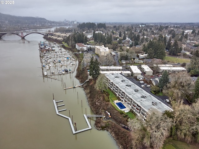 aerial view featuring a water view