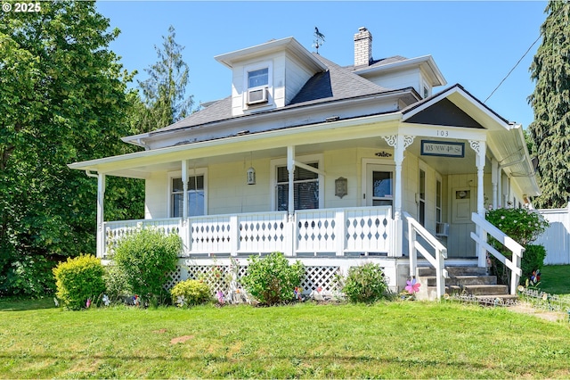 103 NW 4th St, Willamina, OR 97396 - view of front of home with roof with shingles, a chimney, a porch, a front yard, and cooling unit