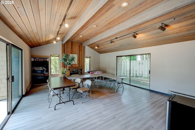 56 Galen St, Lake Oswego, OR 97035 - dining room with track lighting, wood ceiling, plenty of natural light, and light wood-style flooring