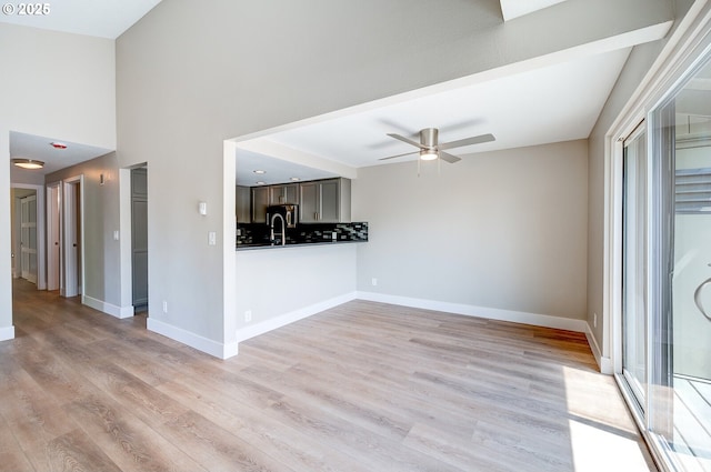 56 Galen St, Lake Oswego, OR 97035 - unfurnished living room featuring light wood-style floors, ceiling fan, baseboards, and a sink