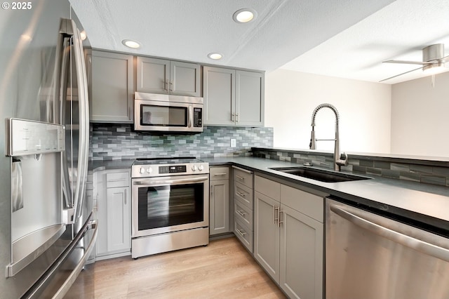 56 Galen St, Lake Oswego, OR 97035 - kitchen with appliances with stainless steel finishes, gray cabinets, a sink, tasteful backsplash, and light wood finished floors