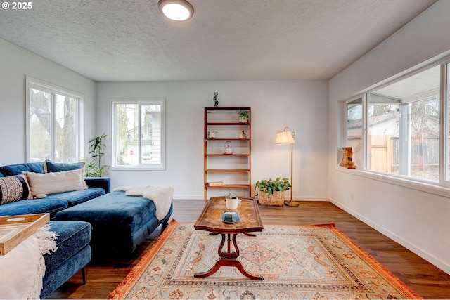 living room featuring wood finished floors, baseboards, and a textured ceiling