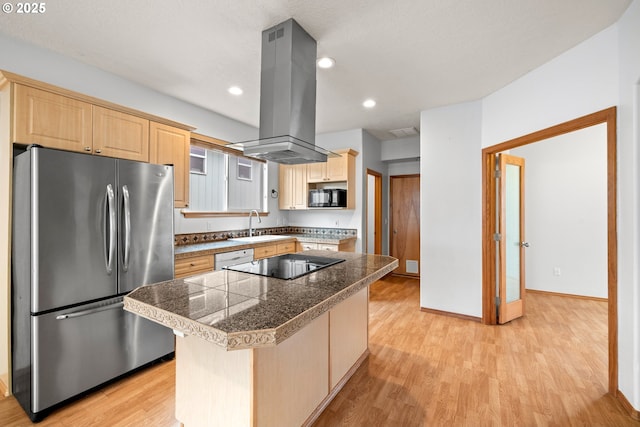 651 NE Anderson Rd, Gresham, OR 97030 - kitchen with black appliances, tile counters, light brown cabinetry, island range hood, and recessed lighting