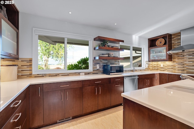 34926 SW Johnson School Rd, Cornelius, OR 97113 - kitchen with stainless steel appliances, open shelves, healthy amount of natural light, light countertops, and recessed lighting