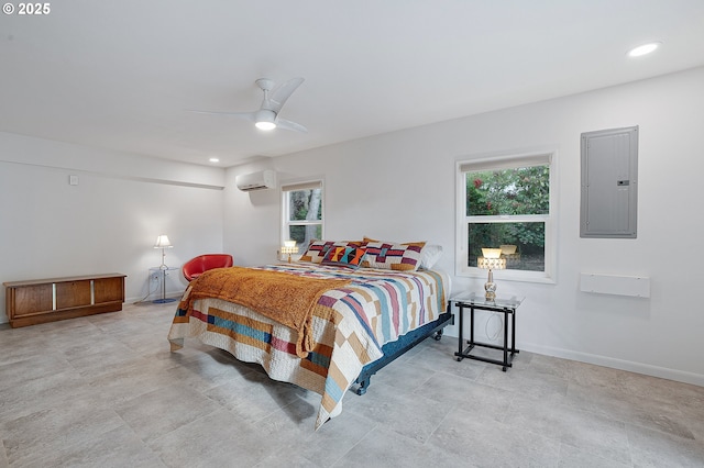 34926 SW Johnson School Rd, Cornelius, OR 97113 - bedroom with electric panel, a wall mounted air conditioner, multiple windows, a ceiling fan, and recessed lighting