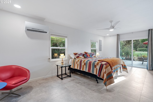34926 SW Johnson School Rd, Cornelius, OR 97113 - bedroom featuring a wall mounted air conditioner, access to exterior, recessed lighting, ceiling fan, and electric panel