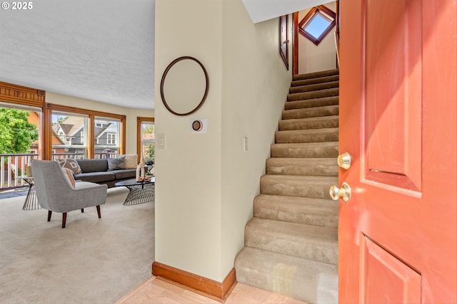 3147 SE Belmont St, Portland, OR 97214 - stairway with plenty of natural light, carpet flooring, and a textured ceiling
