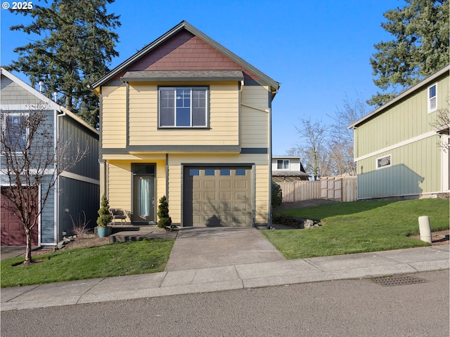 view of property with a garage and a front yard