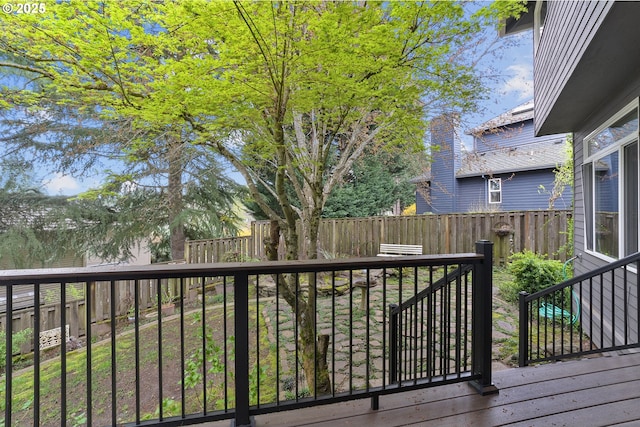 wooden terrace featuring a fenced backyard