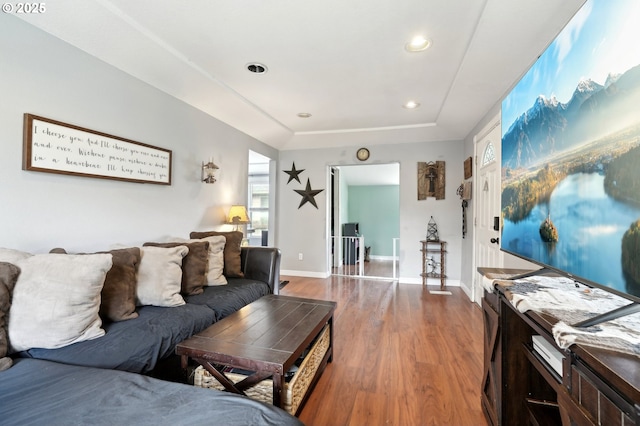 living room featuring a tray ceiling and hardwood / wood-style flooring