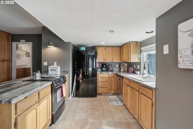 kitchen with sink, a textured ceiling, and black appliances