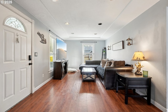 living room with dark hardwood / wood-style floors