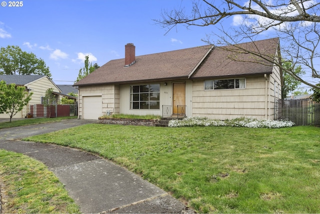 single story home with a chimney, an attached garage, driveway, and roof with shingles