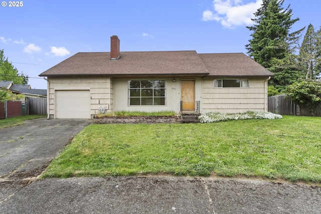ranch-style house featuring a chimney, an attached garage, asphalt driveway, and a shingled roof
