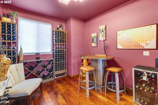 wine cellar featuring a textured ceiling, baseboards, and wood finished floors