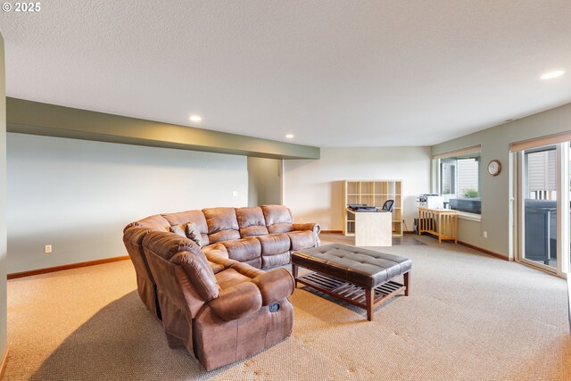 carpeted living area with baseboards, radiator, a textured ceiling, and recessed lighting