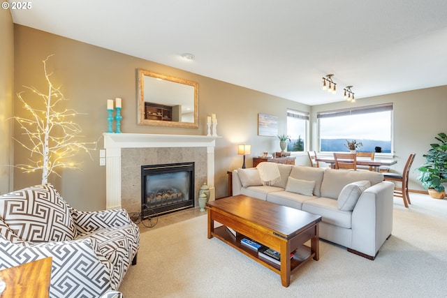 living area with carpet floors and a fireplace