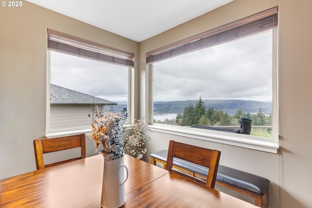 dining area with a healthy amount of sunlight and a mountain view