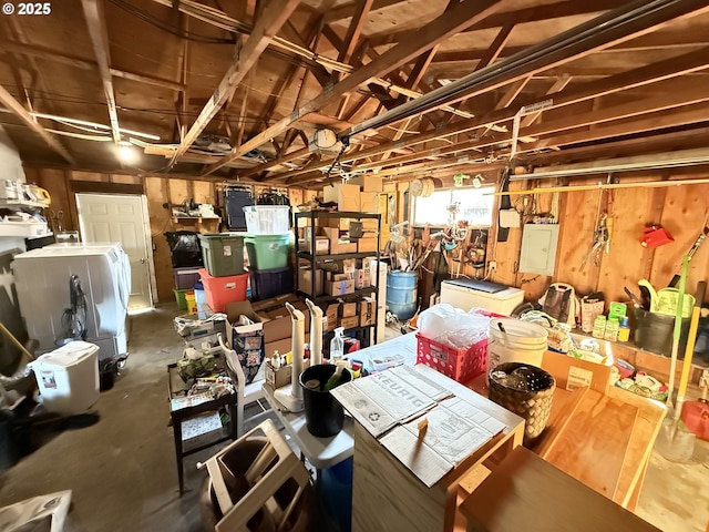 storage area featuring electric panel and washer / dryer