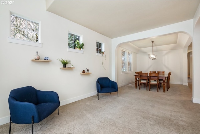 living area with baseboards, arched walkways, a raised ceiling, and carpet