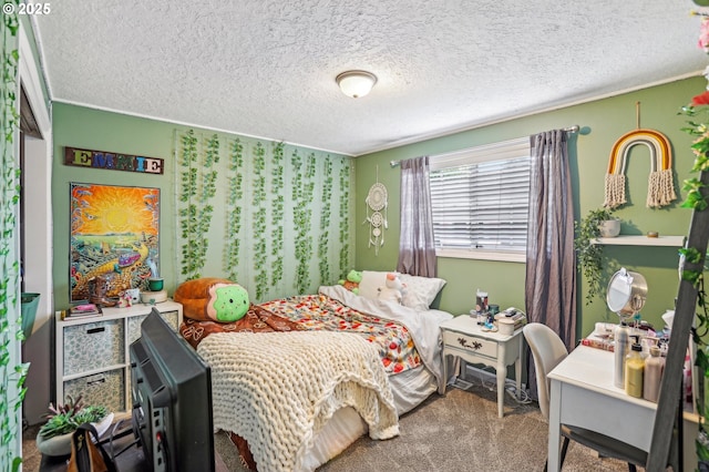 bedroom featuring a textured ceiling and carpet